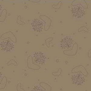 May include: A seamless pattern with a light brown background featuring a repeating design of brown stylized hearts with a cluster of small circles inside each heart.