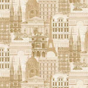 Könnte beinhalten: Ein Tapetendesign im Vintage-Stil mit einer Collage von Pariser Sehenswürdigkeiten in Sepiatönen. Das Design umfasst den Eiffelturm, die Kathedrale Notre-Dame und andere berühmte Gebäude.
