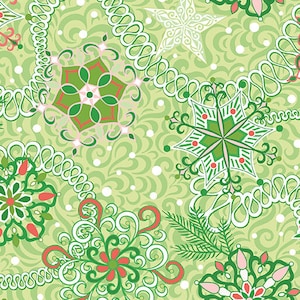 RARE - By The Continuous HALF YARDS - Holiday Jewels by Amanda Murphy for Benartex, #13561P-40 Delicate Snowflake Jewels on Lime Green