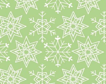May include: A seamless pattern featuring white snowflakes and stars on a light green background. The snowflakes and stars are outlined in white and have a delicate, hand-drawn style.