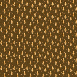 May include: A seamless pattern featuring a repeating design of corn cobs with brown husks and yellow kernels on a brown background. Small brown and orange flowers are scattered throughout the pattern.