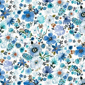 Rare - By The Continuous HALF YARDS - Blue Crush by August Wren for Dear Stella Designs, Pattern #1291-WH Cool Garden on White, Flowers