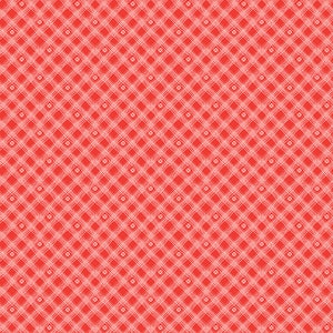 RARE - By The Continuous HALF YARD - From The Heart by Sandy Gervais for Riley Blake, #10056 Cream Diagonal Plaid on Red, Heart Flowers