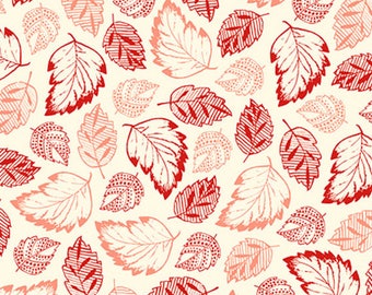 RARE - 16&quot; REMNANT - French Navy by Studio 8 for Quilting Treasures, #23557-EC Tossed - Red and Coral Patterned Leaves on a Creamy White