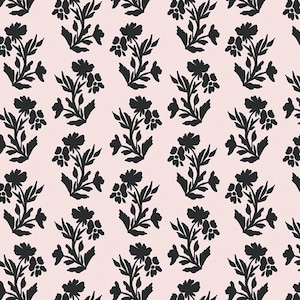 Puede incluir: Un patrón sin costuras con siluetas negras de diseños florales estilizados sobre un fondo rosa claro.