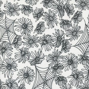 May include: Black and white floral pattern with a spiderweb design. The flowers are stylized and have a simple, elegant look.