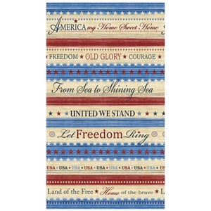 Rare - 25” X 44” PANEL - Home of the Free by Painted Sky Studio for Benartex, Pattern #6764-76 Patriotic Border Stripe with Quotes and Stars