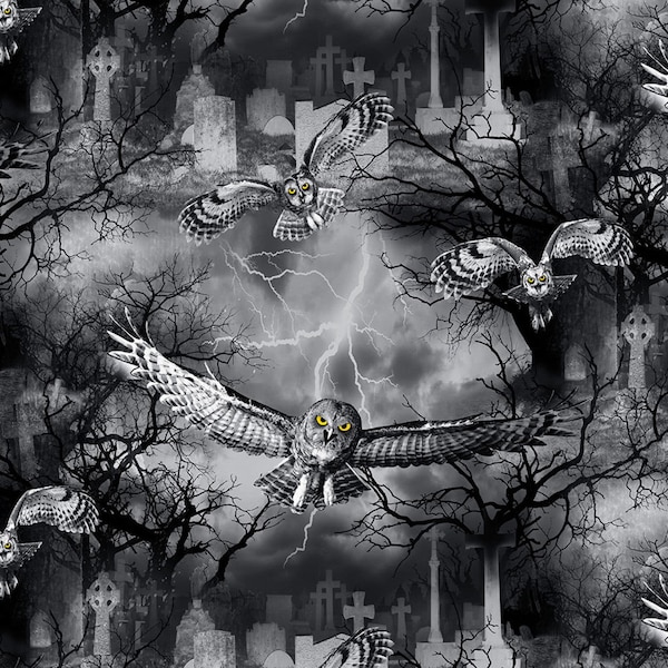 RARE - By The Continuous HALF YARD - Wicked Fog by Timeless Treasures, Pattern #C7023 Flying Owls In The Graveyard on a Starry Fall Night