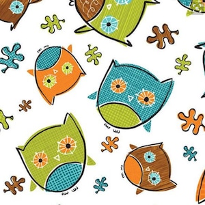 By The Continuous HALF YARD- Frolicking Forest by Heather Rosas for Camelot #6140805 Owls - White, Orange, Green, Blue & Brown Owls on White