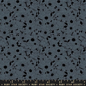 May include: A fabric with a dark blue background featuring a black floral pattern. The design includes pumpkins, flowers, mushrooms, ghosts, and candy. The text "RUBY STAR SOCIETY" is at the bottom.