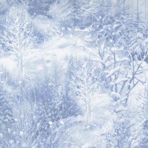 May include: A watercolor painting of a snowy winter forest scene. The trees are bare and covered in snow, and the ground is white. The sky is a light blue, and there are snowflakes falling.