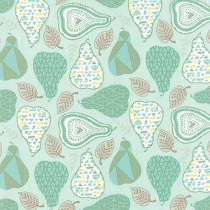 May include: A seamless pattern featuring teal, green, and white pears with geometric designs on a light blue background.