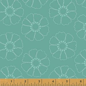Por the HALF YARD - Hazel de Allison Harris de Cluck, Cluck Sew for Windham Fabrics, Pattern #40839-7 White Stencil Flowers on Mint Blue