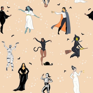 Op de afbeelding: Een digitale illustratie van verschillende Halloween-personages op een lichtoranje achtergrond. De personages omvatten een heks, een mummie, een vampier, een skelet, een kat, een spook en een zombie. De illustratie is in vintage stijl met dikke contouren en felle kleuren.