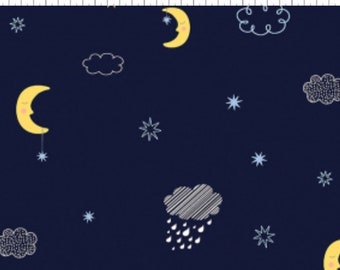 RARE - By The Continuous HALF YARD - Luna by Rae Ritchie for Dear Stella, #SRR816 Yellow Moons, White Rain Clouds, Light Blue Stars on Navy