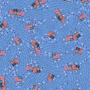 May include: A blue fabric background with a repeating pattern of red, white, and blue American flags with a circle of stars in the upper left corner of each flag. The background is covered with a repeating pattern of white stars and cursive text that reads "The Pledge of Allegiance to the Flag of the United States of America..."