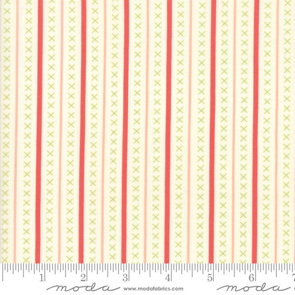 RARE - By The Continuous HALF YARD - Walkabout by Sherri & Chelsi for Moda Fabrics, #37566-11 Ivory Pathway, Red and Pink Stripes, Green X’s