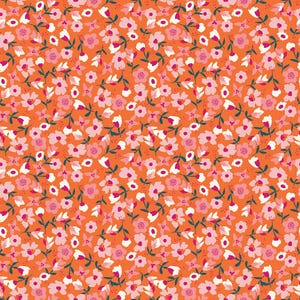 May include: A seamless pattern featuring small pink and white flowers with green stems on an orange background.