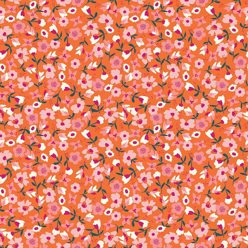 May include: A seamless pattern featuring small pink and white flowers with green stems on an orange background.