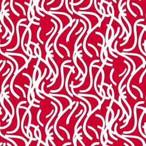 May include: A seamless pattern featuring white abstract lines on a red background. The lines are curved and create a flowing, organic design.