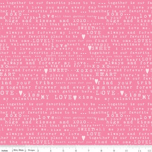 RARE - By The Continuous HALF YARD - Sending Love by My Mind&#39;s Eye for Riley Blake, #C10081 White Typed Valentine Text, Words on Pink