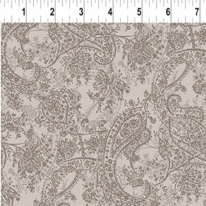 May include: A seamless fabric pattern with a beige background and a repeating design of brown paisley shapes. The paisley shapes are intricate and detailed, with a floral motif.