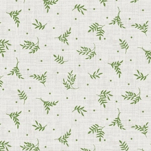 RARE - By The Continuous HALF YARDS - Flower and Vine di Monique Jacob per Maywood, #9886-G Tossed Green Leafy Twigs and Dots on Cream