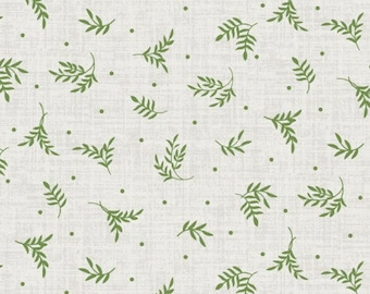 May include: A seamless pattern featuring green sprigs of leaves on a light grey background with small green dots.