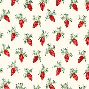 RARE - By The Continuous HALF YARDS - Noel by Edyta Sitar of Laundry Basket Quilts for Andover, #9917-R Sweet Red Pine Cones on Cream