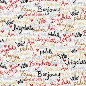 RARE - By The Continuous HALF YARD - Velo by Alice Kennedy for Timeless Treasures, #C4300 Red, Tan, Gray French Words on Ivory