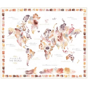 Puede incluir: Mapa del mundo en acuarela con una paleta suave de beige, marrón y rosa. El mapa incluye continentes y océanos, con el texto "map of the world" en la parte inferior. Un borde decorativo rodea el mapa.