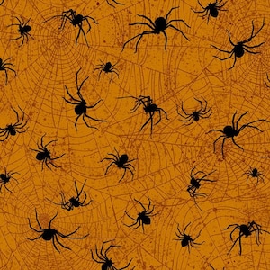 Rare - By The Continuous HALF YARDS - Boo Brew by Timeless Treasures, Pattern #BOO-C7083 Black Spiders and Rusty Orange Spiderwebs on Orange