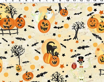 RARE - By The Continuous HALF YARD - Midnight Glow by Sue Zipkin for Clothworks, #Y2965-57 Halloween Toss on Cream, Bats, Pumpkins, Skeleton