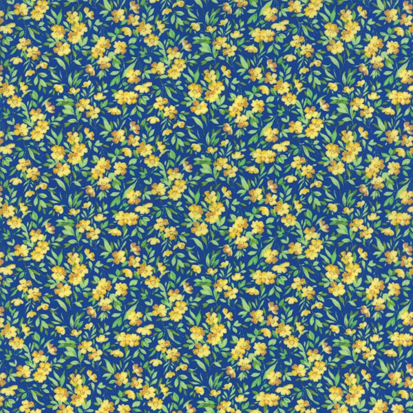 Rare - 12" REMNANT - Summer Breeze 5 by Sentimental Studios for Moda, #33303-14 Yellow Flowers, Green Leaves on Royal Blue