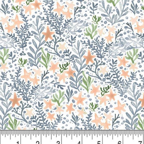 RARE - By The Continuous HALF YARD - La Mer by Clara Jean for Dear Stella Fabrics, Pattern #2478 Starfish and Sea Foliage on White