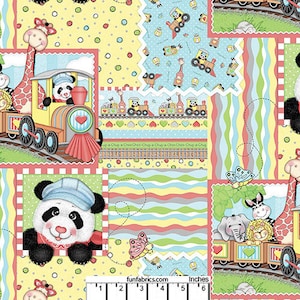 May include: A colorful fabric with a patchwork design featuring pandas, giraffes, elephants, and butterflies riding on toy trains. The fabric has a yellow, blue, and green color scheme with red accents. The fabric is printed with the text "Funfabrics.com" and "Inches".
