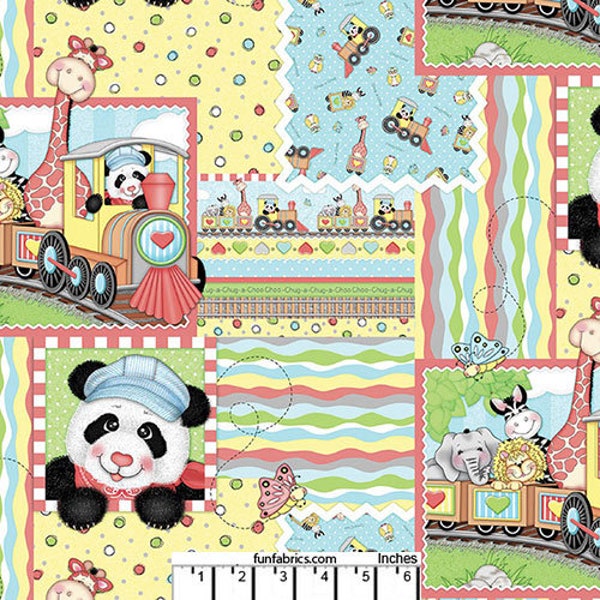 RARE - By The Continuous HALF YARDS - Bazooples Choo Choo by Spring’s Creative #CP58816 Patch, Animals on a Train, Wavy Stripes, Dots Blocks