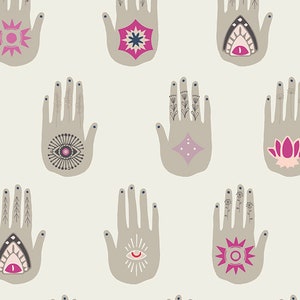 Rare- By The Continuous HALF YARD- Flower Child by Maureen Cracknell for Art Gallery, #FCD-67157 Cosmic Sister Imprint, Taupe Hands on Cream