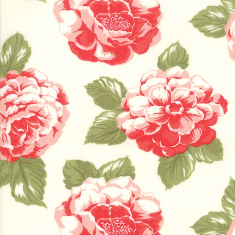 By The Continuous HALF YARD Early Bird by Bonnie /& Camille for Moda Fabrics Pattern #55190-17 Large Pink Blooms on Cream RARE
