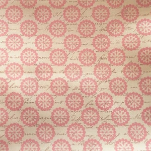 By The HALF YARD - Paris Spring by David Textiles, Pink Medallions with Light Brown French Text on Cream