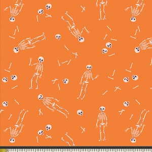 Rare - By The Continuous HALF YARDS - Sweet n&#39; Spookier by AGF Studios for Art Gallery #13018 Mister No Body on Orange, White Skeleton Toss