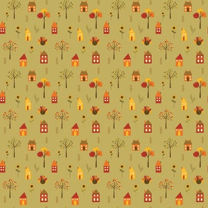 May include: A seamless pattern featuring a repeating design of small houses, trees, and flowers in shades of red, orange, yellow, and green on a light green background.
