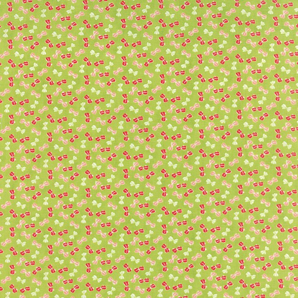 RARE - By The Continuous HALF YARD - Little Ruby by Bonnie and Camille for Moda, #55135-14 Little Bows on Green, Tiny Red and Pink Flowers