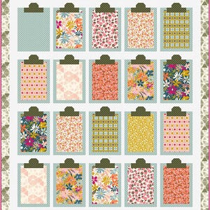 May include: A quilt with a white background and a pattern of 18 clipboards with different floral and geometric designs. The clipboards are arranged in a grid pattern.