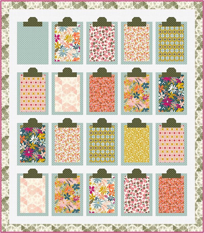 May include: A quilt with a white background and a pattern of 18 clipboards with different floral and geometric designs. The clipboards are arranged in a grid pattern.