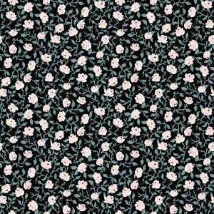 May include: A seamless pattern featuring pink roses with green stems and leaves on a black background.