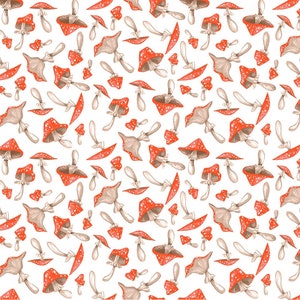 RARE - By The Continuous HALF YARD - Frosty Forage by Rae Ritchie for Dear Stella Designs, Pattern #1812 Tossed Spotted Mushrooms on White