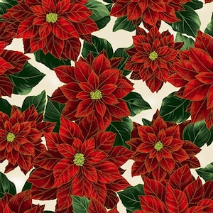 RARE - By The Continuous HALF YARD - Holiday Wishes by Hoffman, #U7766-20G Large Red Poinsettias with Metallic Gold Accents on Natural White