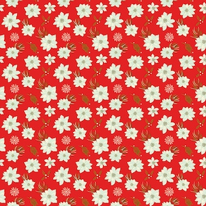 Peut inclure: Un motif sans couture composé de fleurs blanches avec des feuilles vertes sur un fond rouge. Les fleurs sont disposées en un motif répétitif, créant un design festif et joyeux.