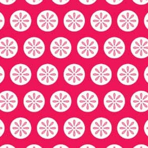 May include: A repeating pattern of white circles with pink floral designs on a bright pink background. The circles are evenly spaced, creating a symmetrical design. Suitable for fabric or wallpaper, the pattern is visually appealing.